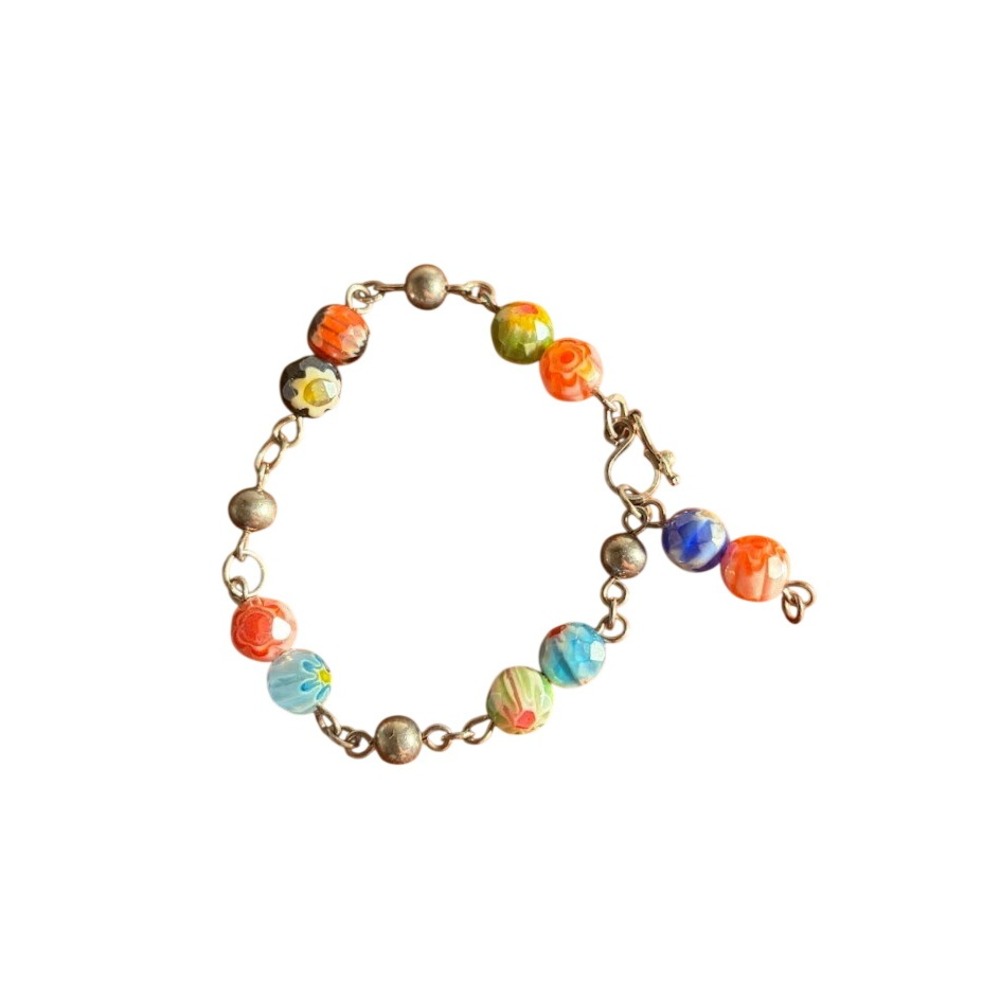 Vintage Millefiori Glass Bead Bracelet Multi Color Silver Tone Boho